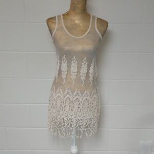 BODY CON SHEER STRETCH NET, WITH HEAVY CROCHET LIKE LACE MINI DRESS